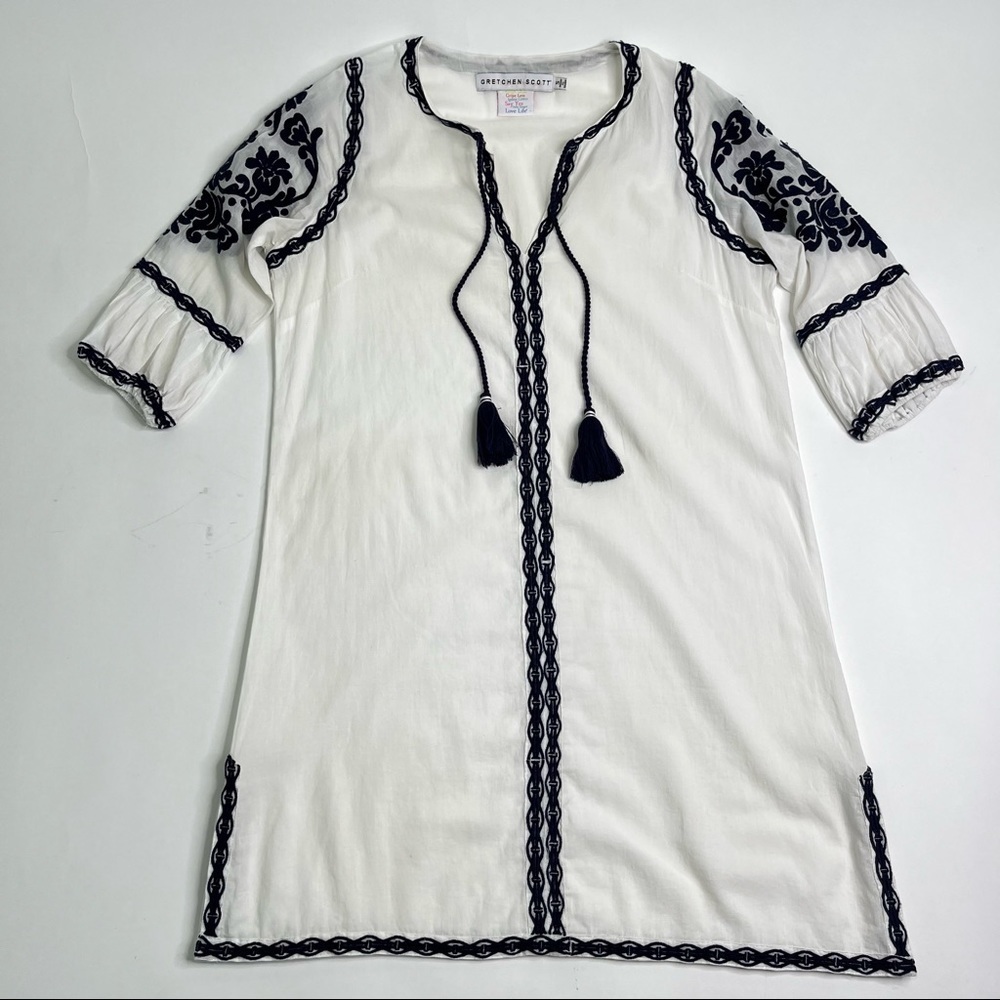 GRETCHEN SCOTT White Navy Tassel Embroidered Floral Cotton Cleopatra Tunic Dress